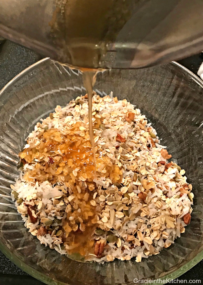 Mixing honey with granola, coconut, nuts, etc.
