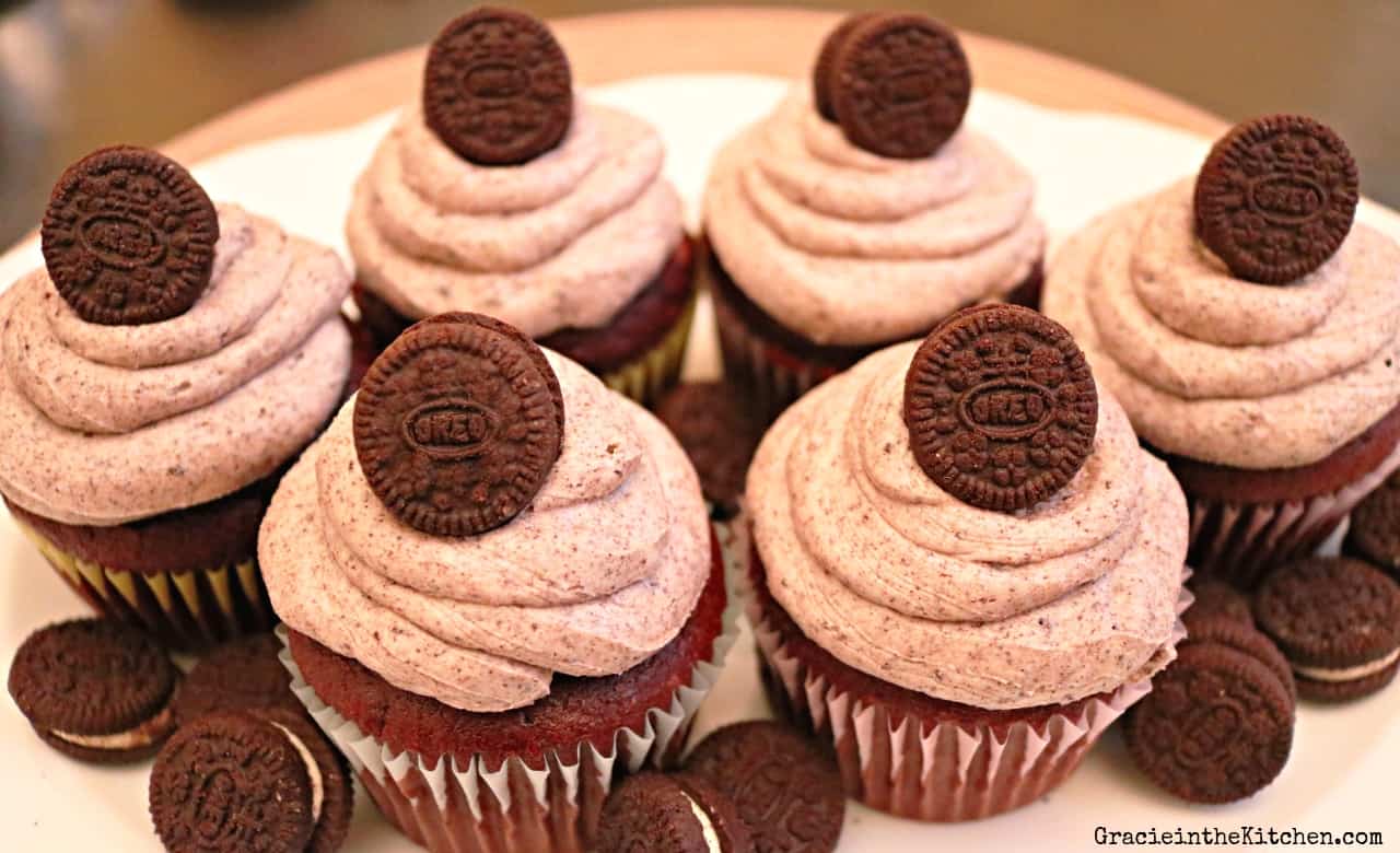 A platter of chocolate cupcakes with Oreo Buttercream frosting!